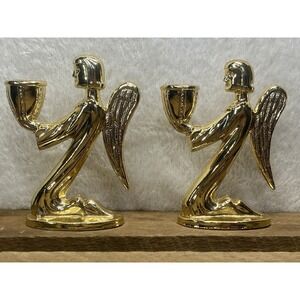 Vintage Candlestick Holder Angel Gold Tone Metal Holiday Christmas Pair Set of 2